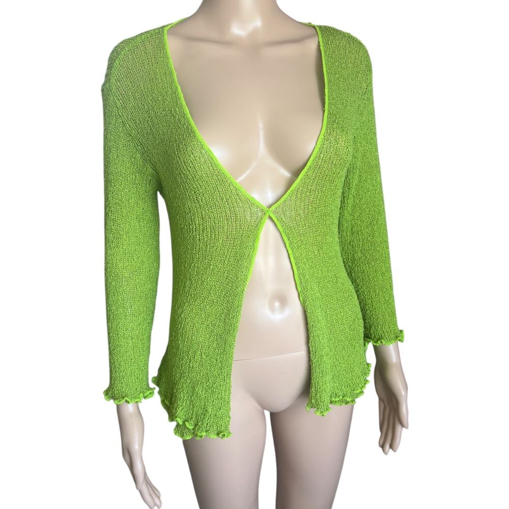 Y2K Sheer Knit Cardigan Lettuce Hem Neon Green Festival Beach Dopamine Top